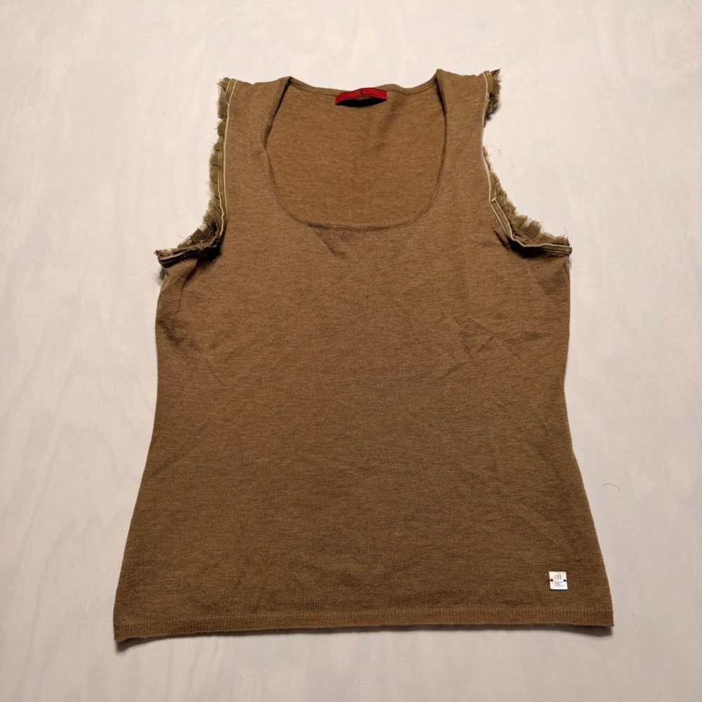 Carolina Herrera Knit Tank Top Womens Medium Brown Fringed Trim Made in Spain